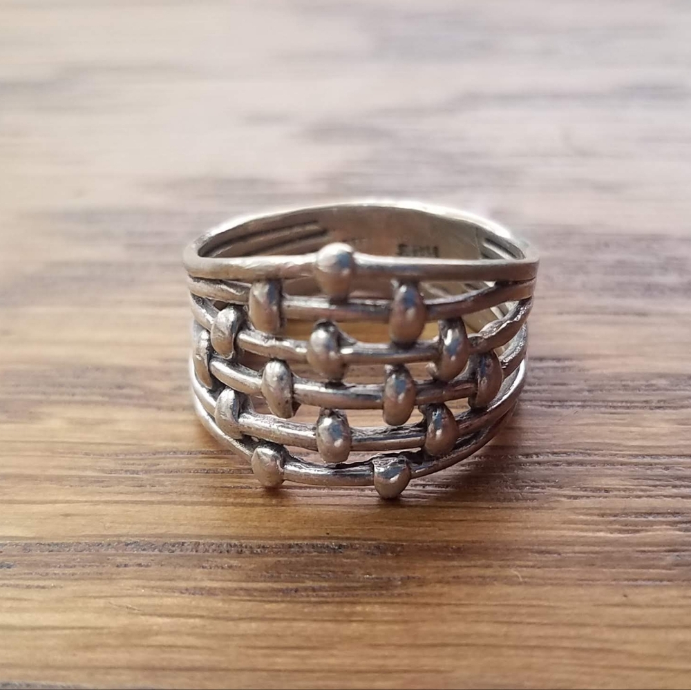 Signed Sterling Silver 925 Vintage Modernist Woven Basket Bead Thick Band Ring 7